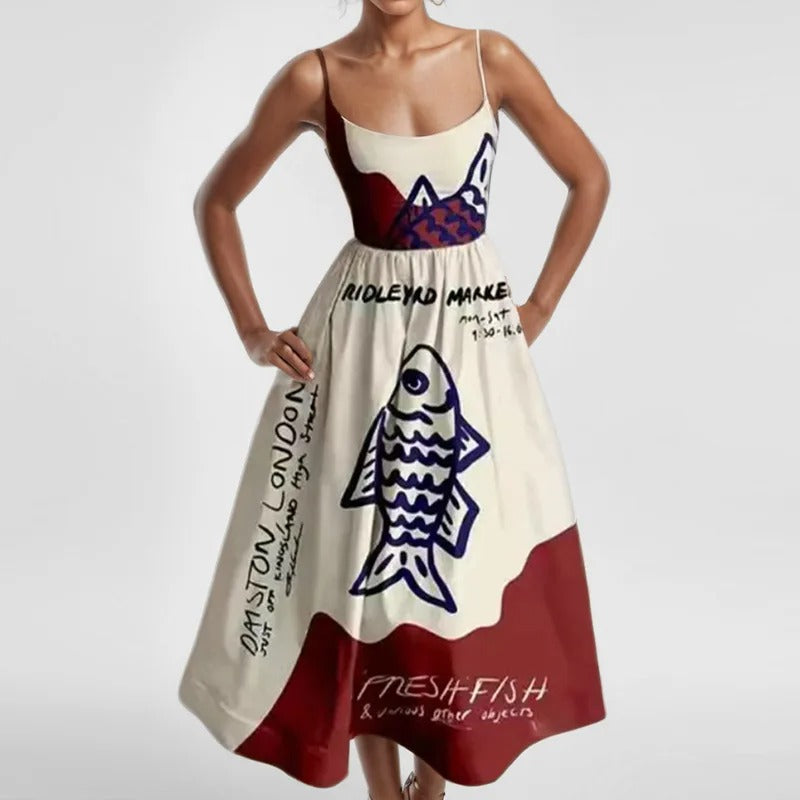Fish & Shrimp Print Maxi Dress