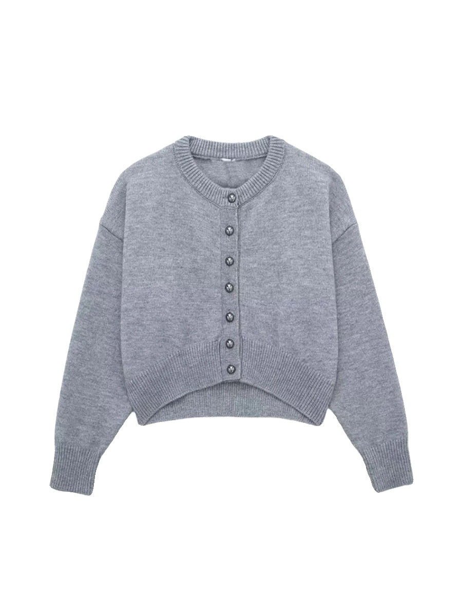 Women’s Gray High-Waist Button-Detail Knitted Coat