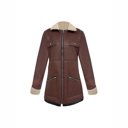 Zipper Composite Fur Turn-Down Collar Coat