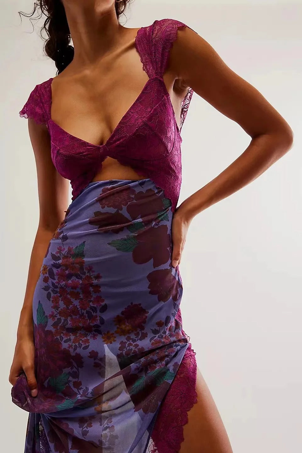 Rose Whisper Lace Floral Slit Dress