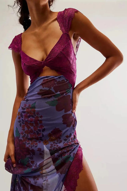 Rose Whisper Lace Floral Slit Dress