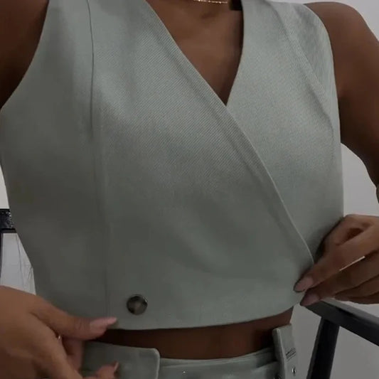 V-Neck Sleeveless Pants Set