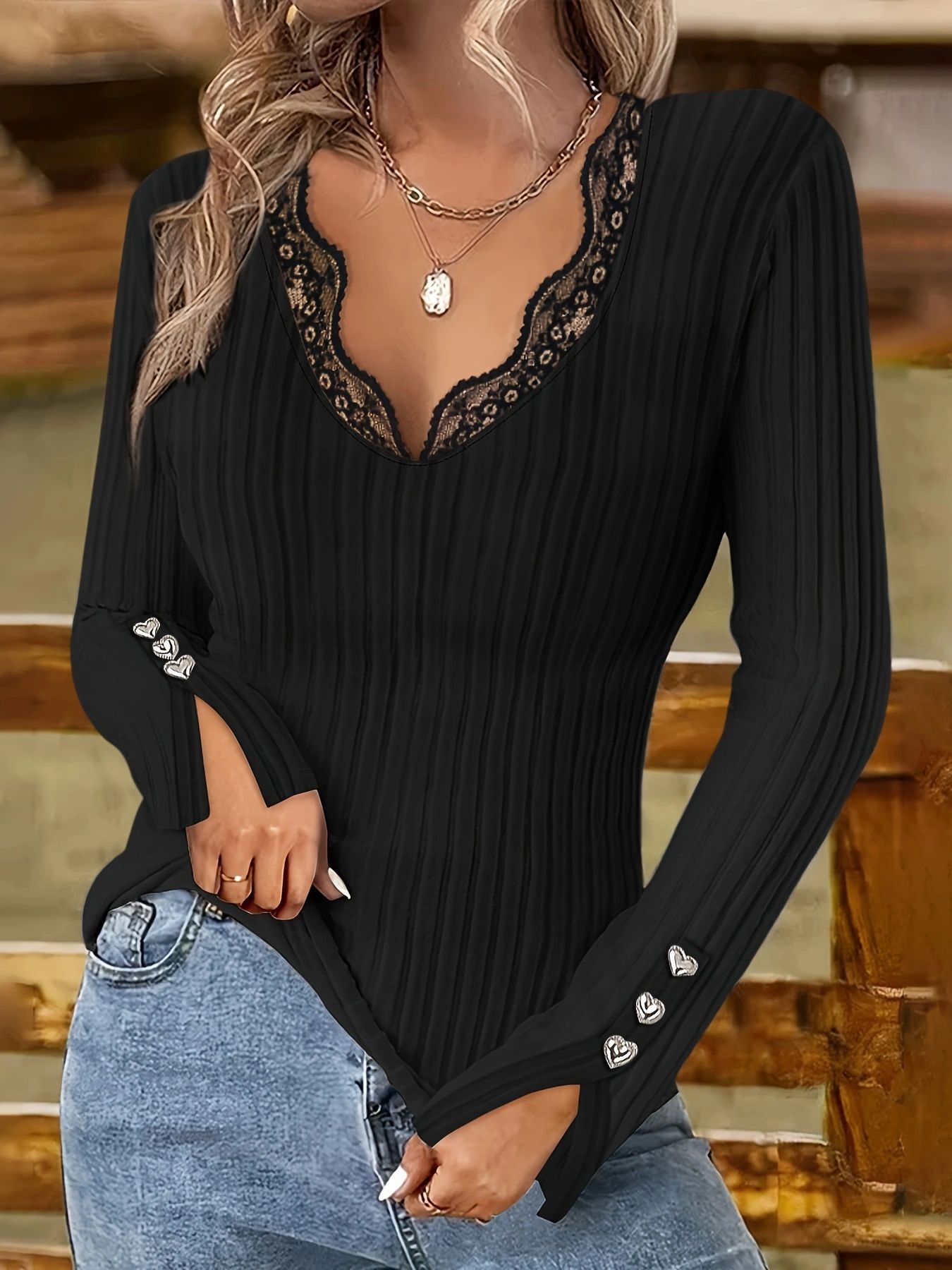 Womens V-neck Lace-buttonLong-sleeve Top