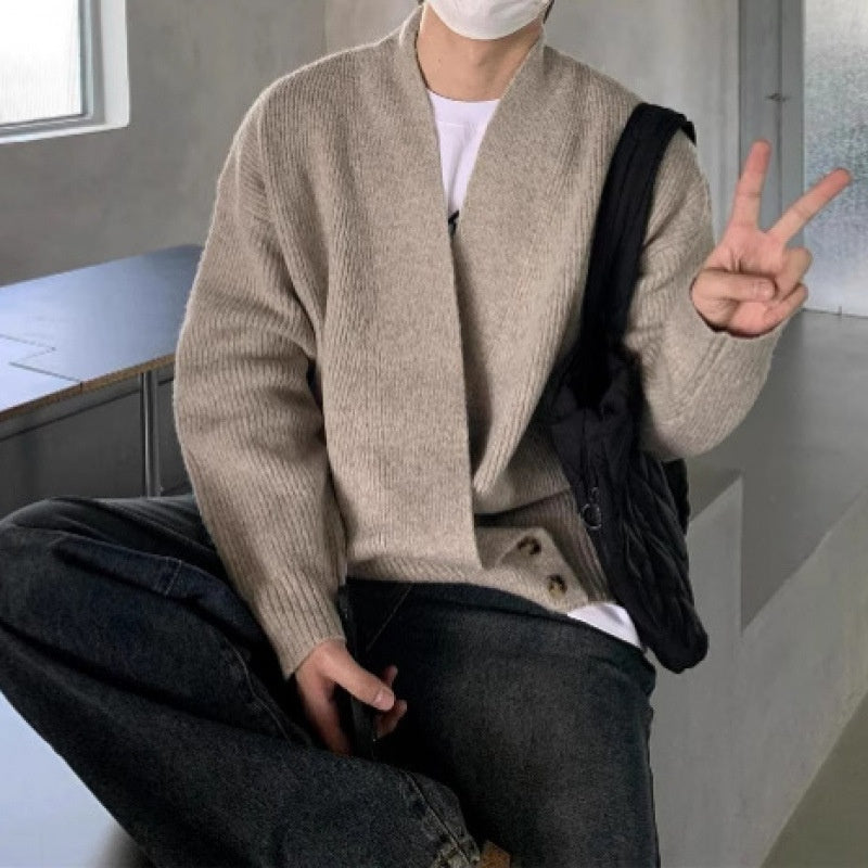 Mens Relaxed-fit V-neck Knit Jacket Versatile