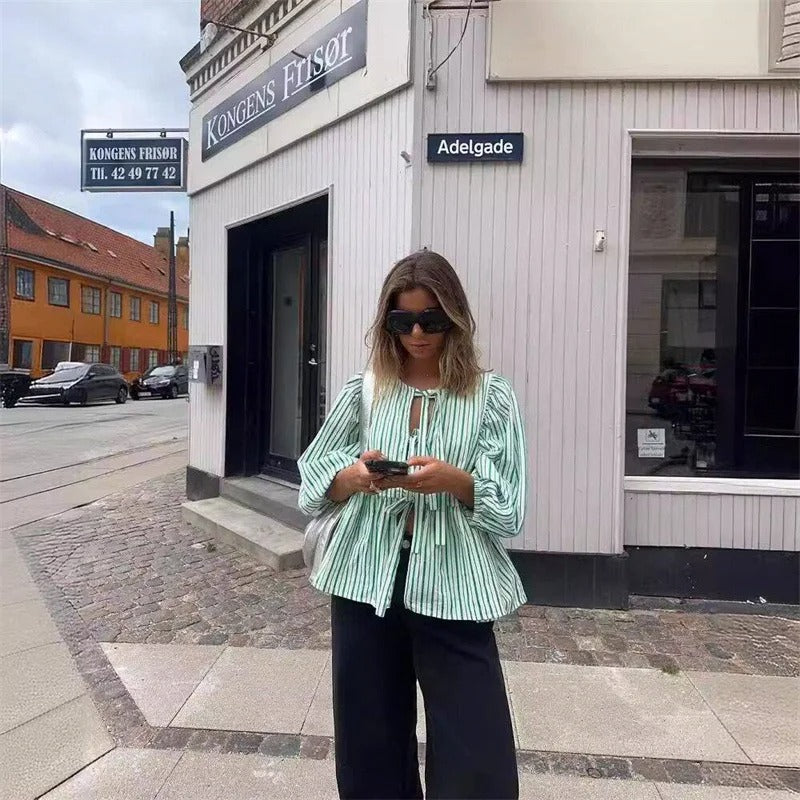 Striped Bow Puff Blouse