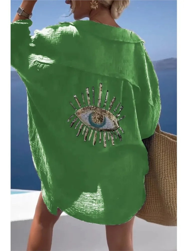 Sequin Eye Lapel Beach Shirt