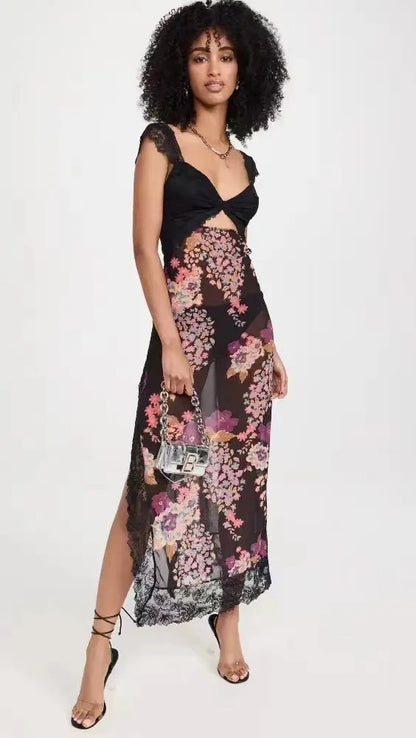 Rose Whisper Lace Floral Slit Dress