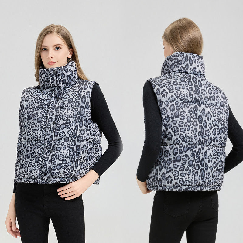 Leopard Print Stand Collar Cotton Vest