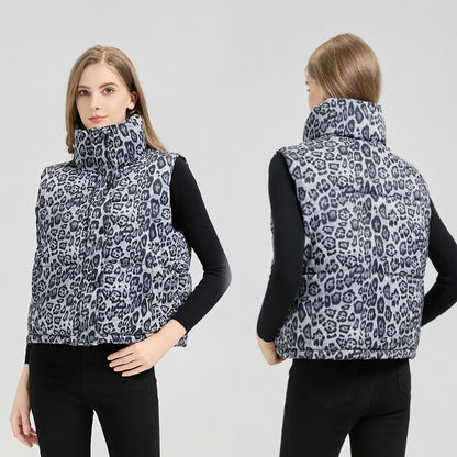 Leopard Print Stand Collar Cotton Vest