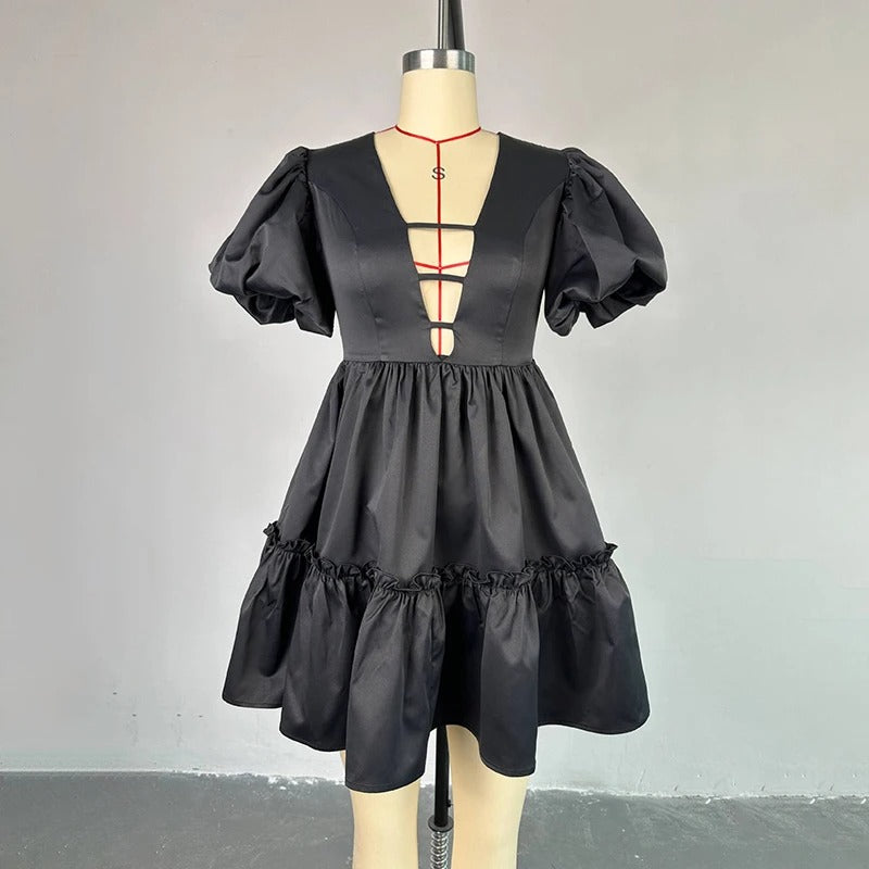 Black V-Neck Puff Sleeve Dress