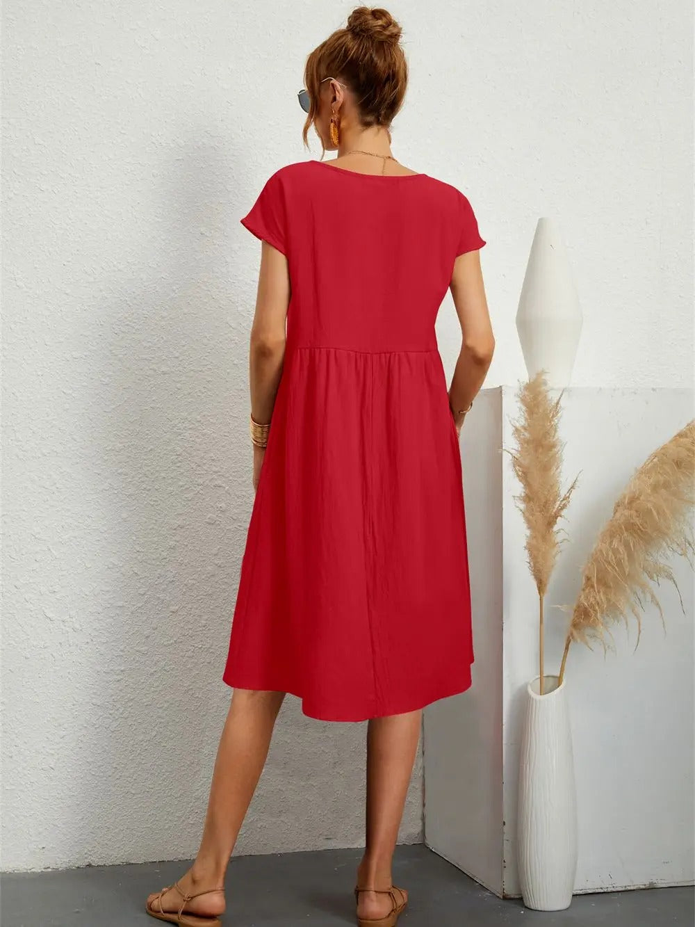 Women’s Vintage O-Neck Casual Summer Dress with Pockets