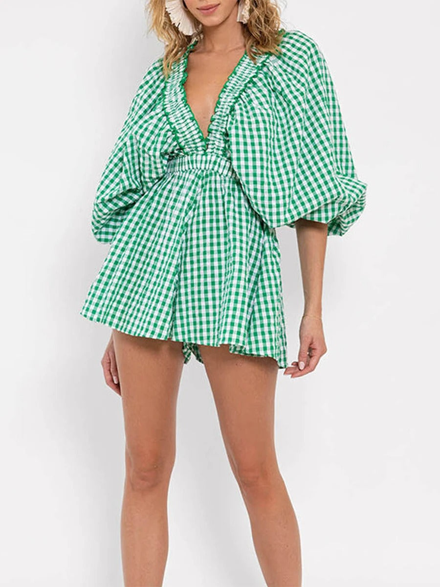 Plaid Charm V-Neck Summer Romper