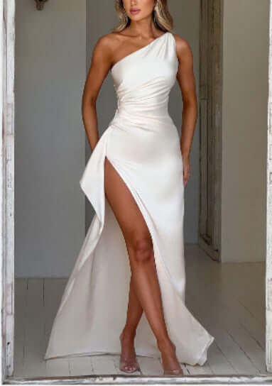 Elegant One-Shoulder Satin Slit Dress Rich Allure