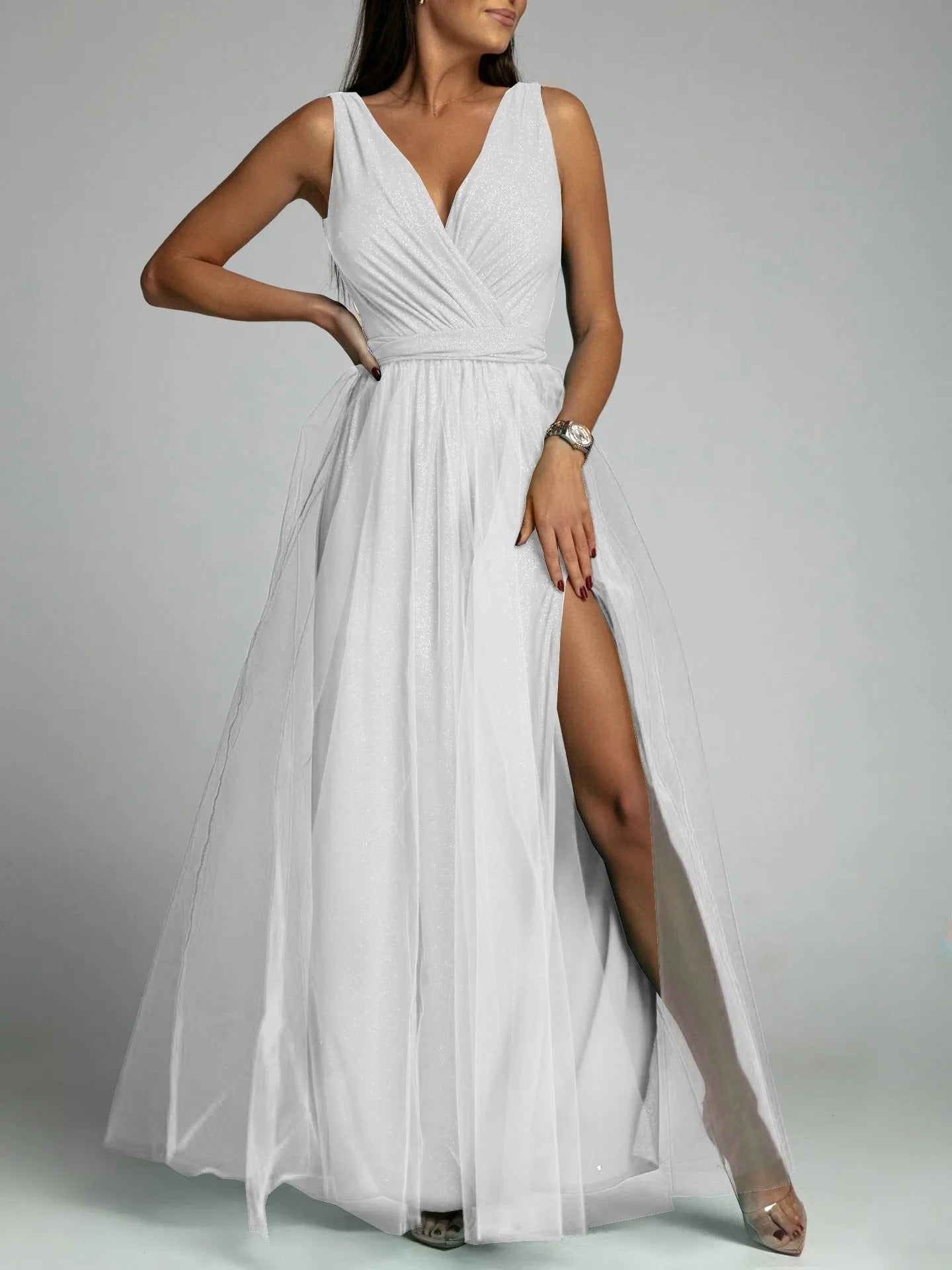 Elegant Mesh V-Neck Slit Dress