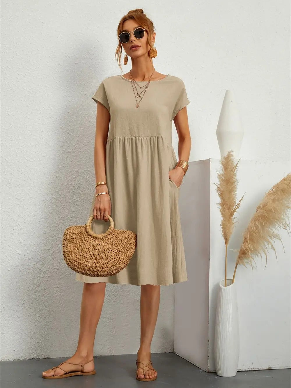 Women’s Vintage O-Neck Casual Summer Dress with Pockets