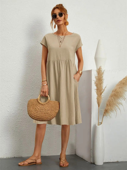 Women’s Vintage O-Neck Casual Summer Dress with Pockets