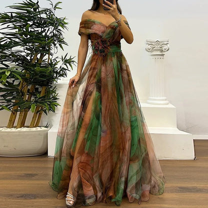 Vintage One-Shoulder Pleated Mesh Dress