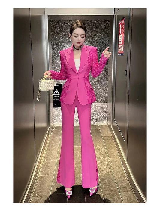 High Street Designer Lace Blazer & Flare Pants Set