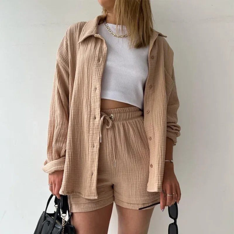Two-Piece Button Up - Shorts & Vest Blouse