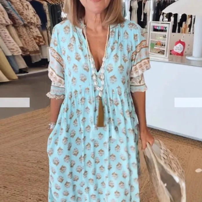 Boho V-neck Lantern Sleeve Dress