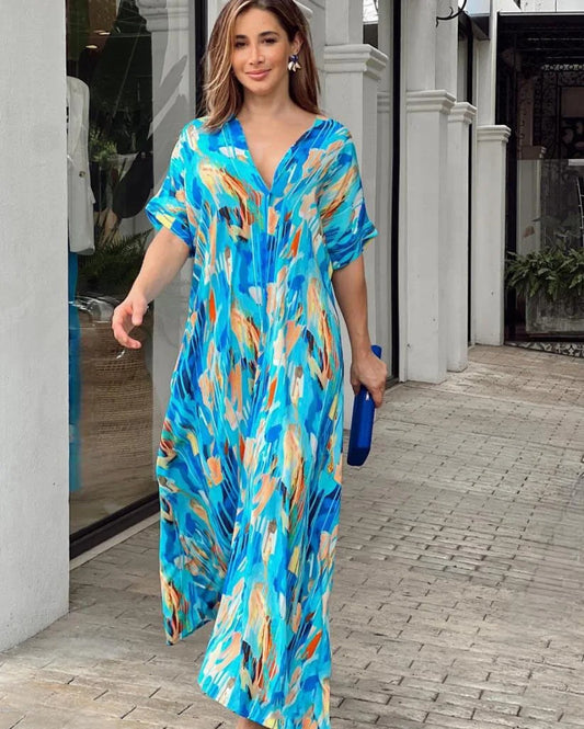 Vivid Bloom V-Neck Maxi Dress