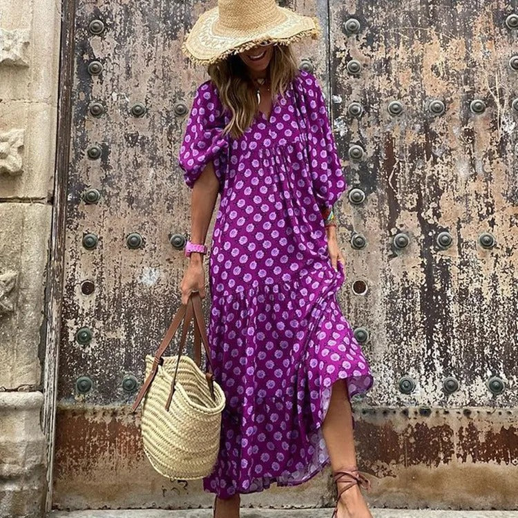 Geometric Print Bubble Sleeve Dress