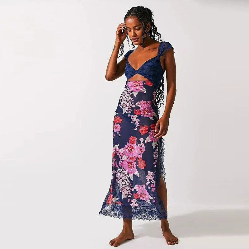 Rose Whisper Lace Floral Slit Dress