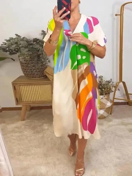 Printed V Neck Loose Summer Dress