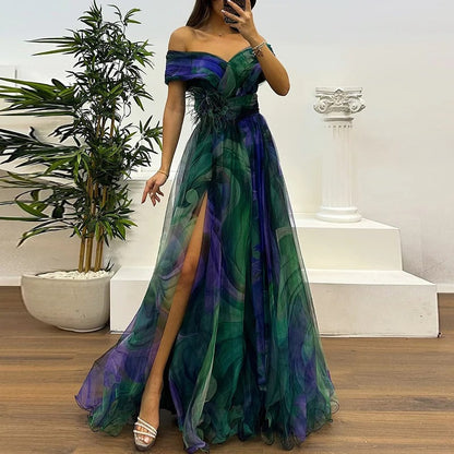 Vintage One-Shoulder Pleated Mesh Dress