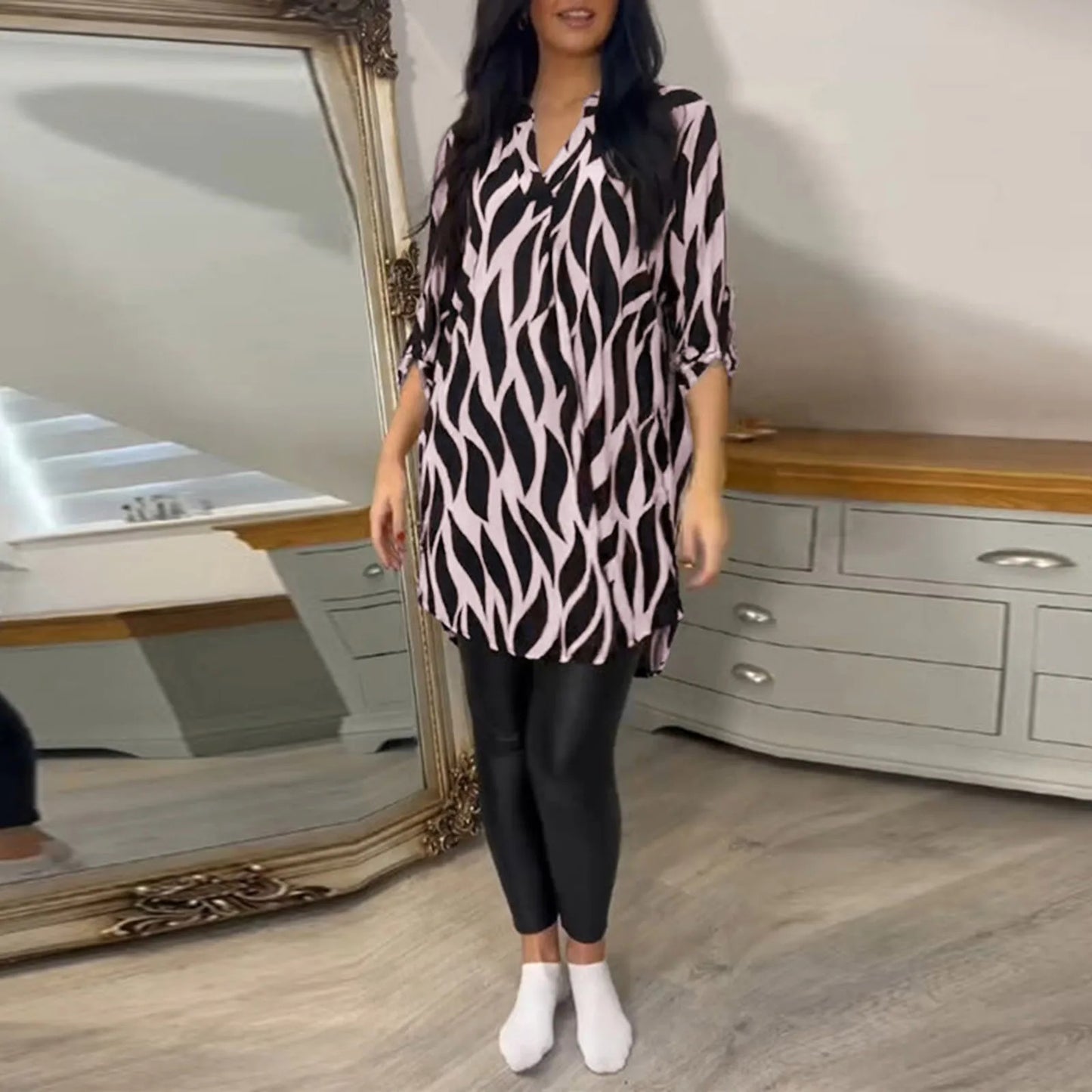 Printed Chiffon Notch Shirt