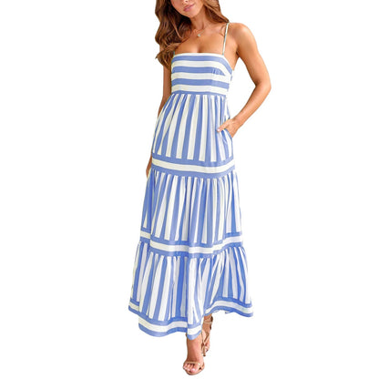 Chic Striped Tiered Midi Slip Dress