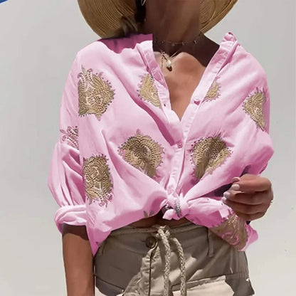 Autumn 3D Print Button-Up Shirt