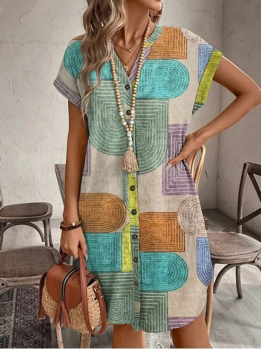Chic Geo Print V Neck Button Dress