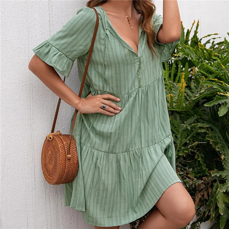 Solid V-Neck Beach Dress