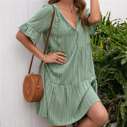 Solid V-Neck Beach Dress