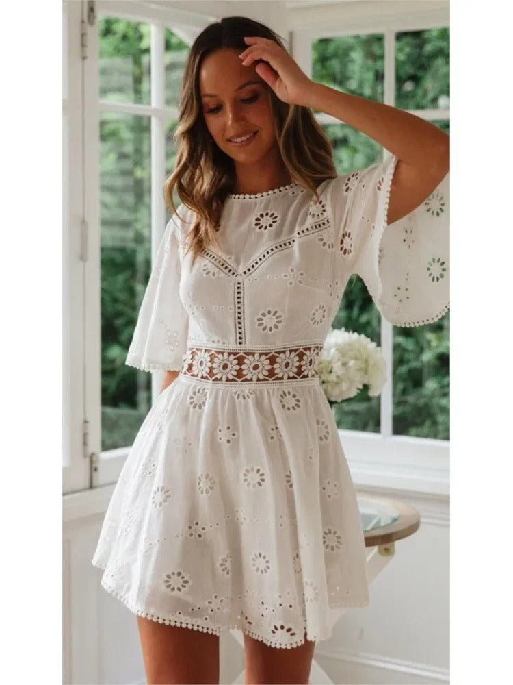 Embroidered Bloom Backless Cotton Dress