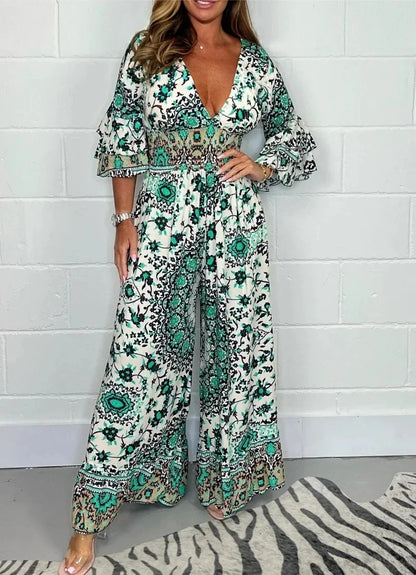 V-Neck Printed Short Jumpsuit