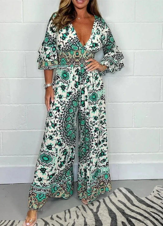 V-Neck Printed Short Jumpsuit