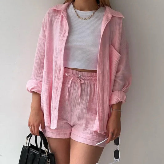 Two-Piece Button Up - Shorts & Vest Blouse