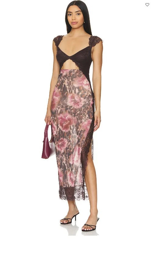 Rose Whisper Lace Floral Slit Dress