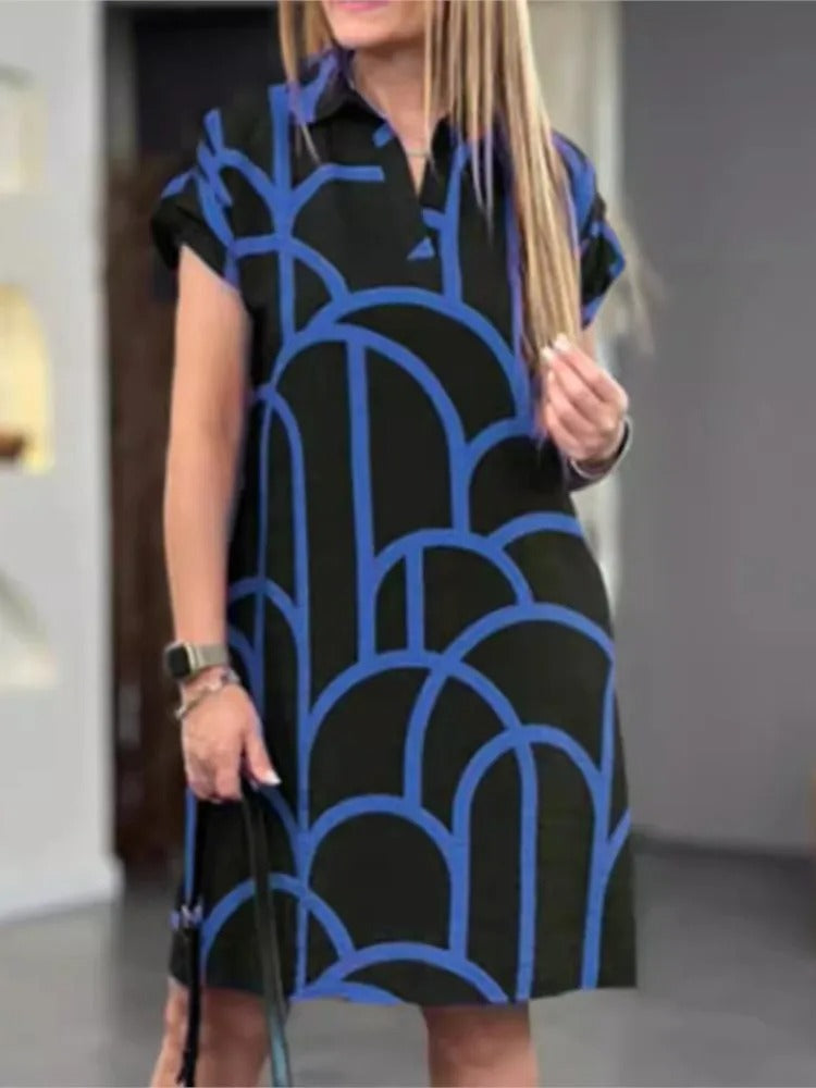 Elegant Summer V-Neck Printed Dress with Pockets