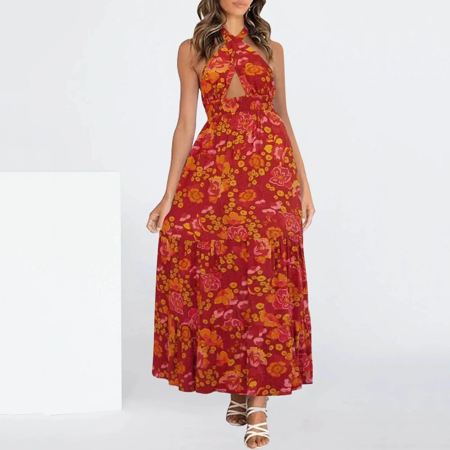 V-Neck Wrap Hollow Out Maxi Dress