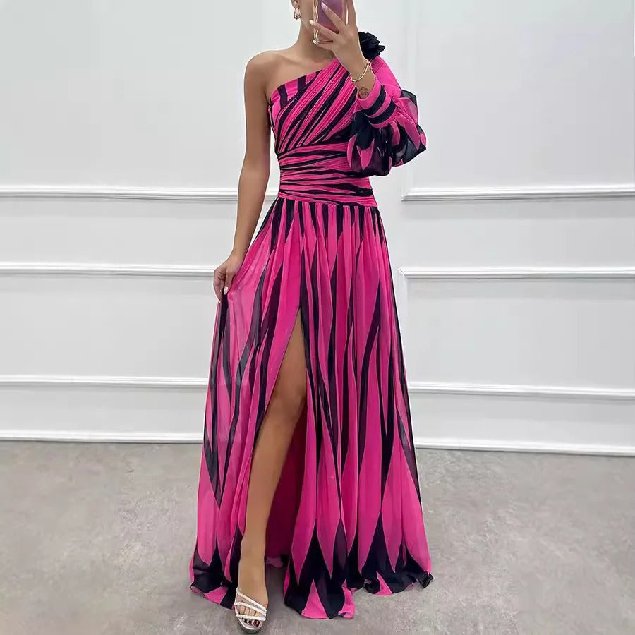 Striped Allure One-Shoulder Dress