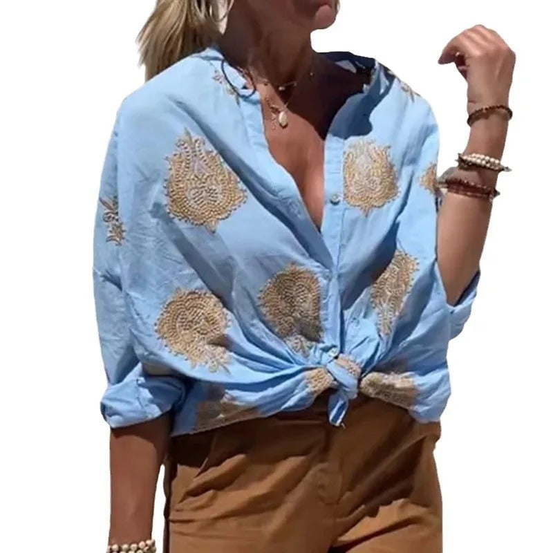 Autumn 3D Print Button-Up Shirt