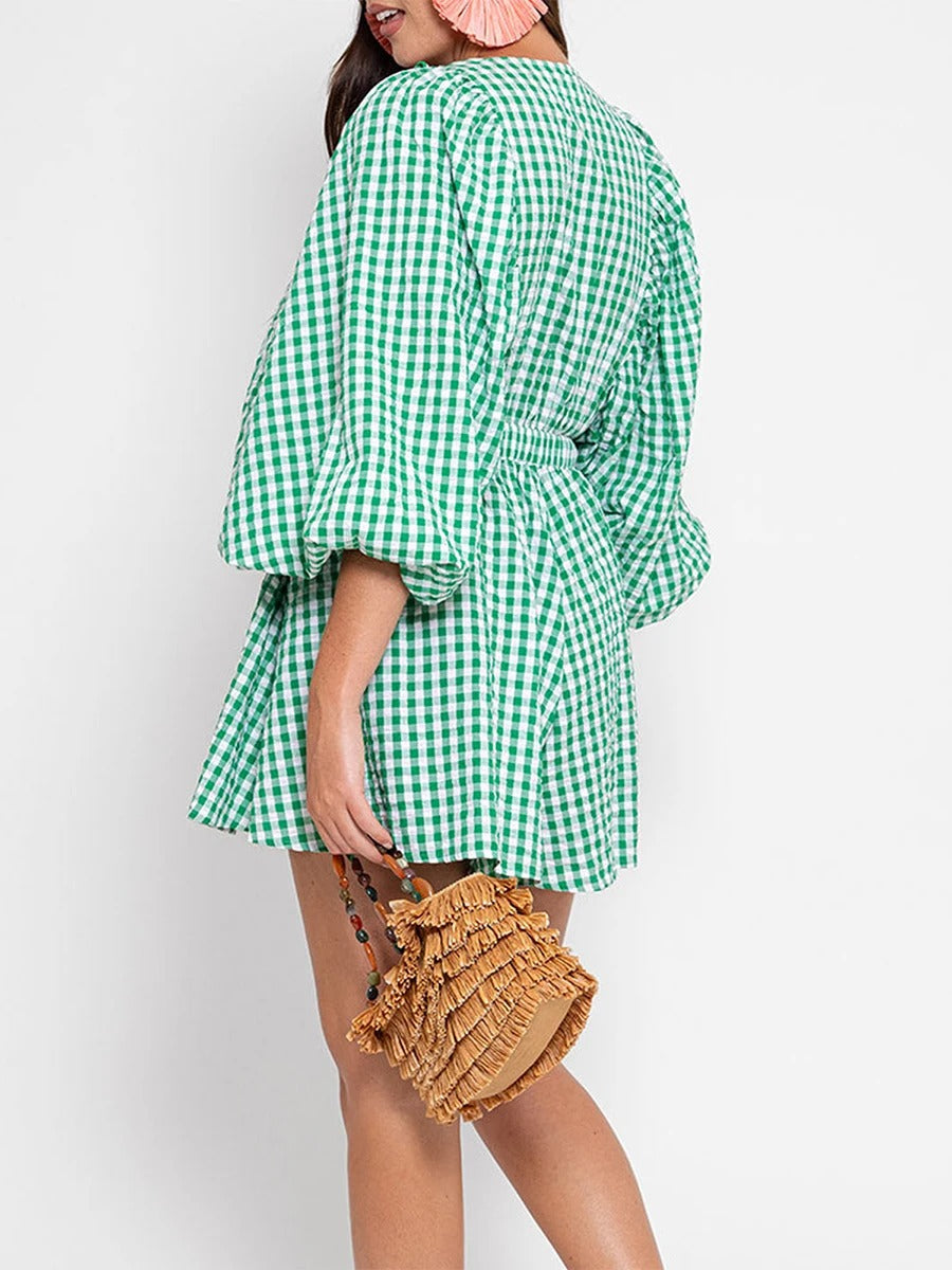 Plaid Charm V-Neck Summer Romper