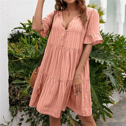 Solid V-Neck Beach Dress