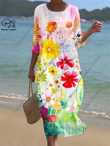 Vintage Floral 3D Printed Midi Dress