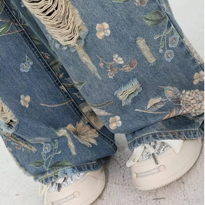 Vintage Floral Ripped Wide Leg Jeans