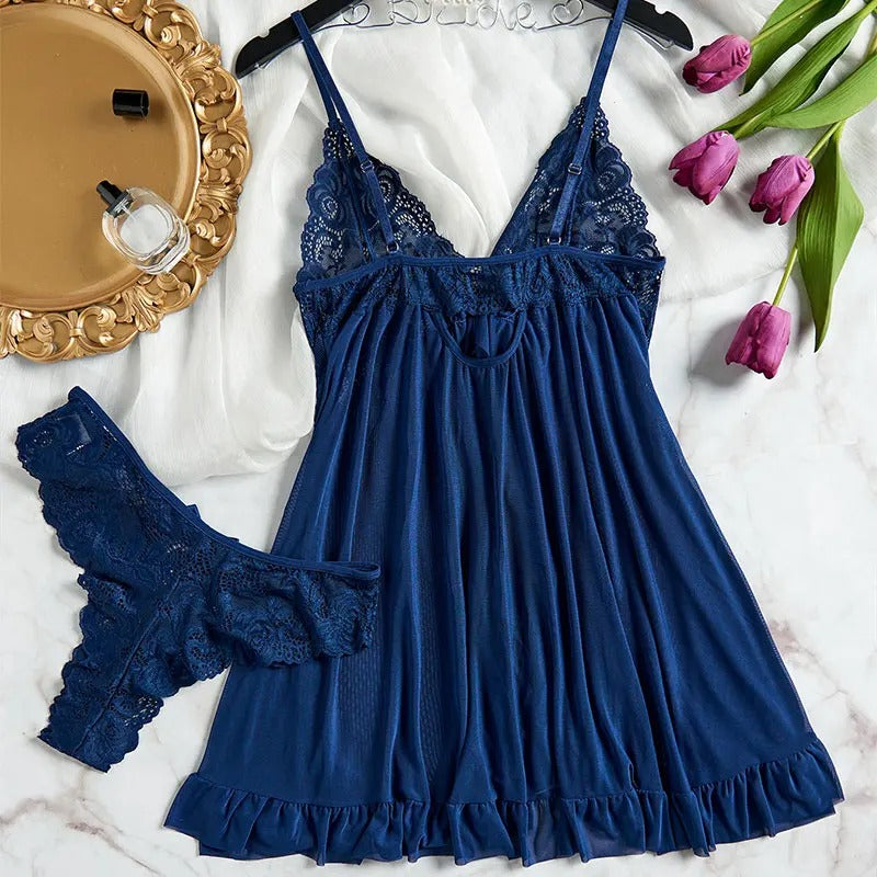 Lace V-Neck Tulle Lingerie Set