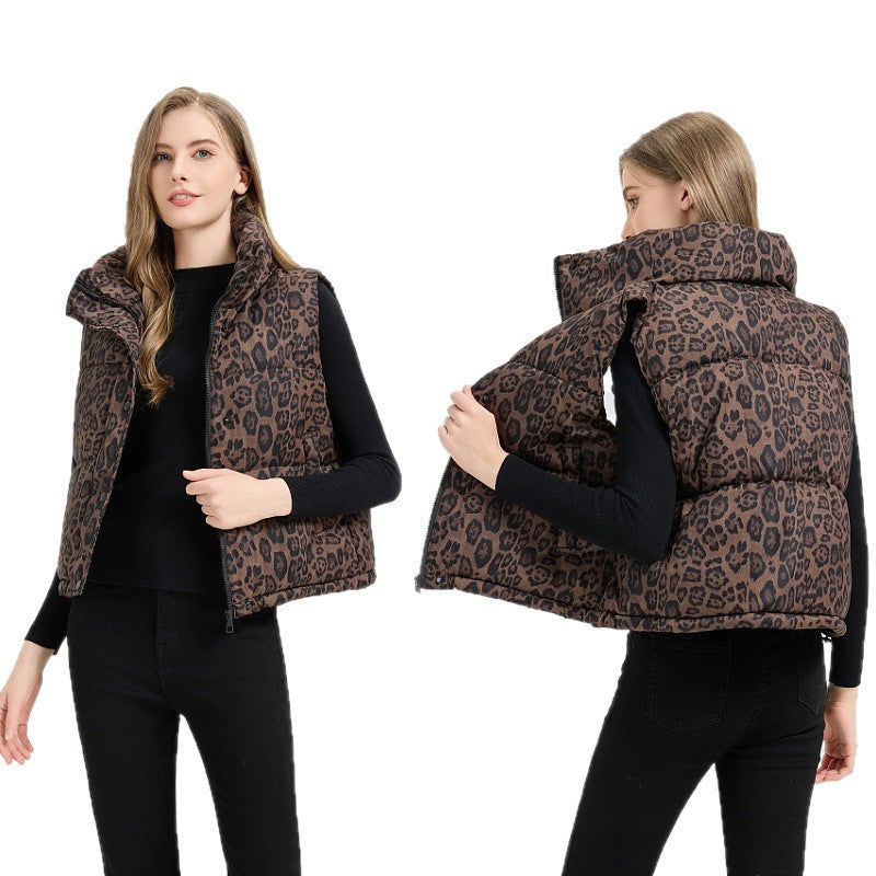 Leopard Print Stand Collar Cotton Vest